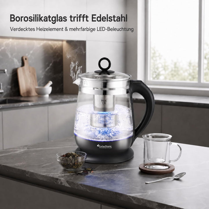 TurboTronic Glas Wasserkocher 100% plastikfrei, 1,5 Liter mit Edelstahl Kalkfilter, LED Beleuchtung