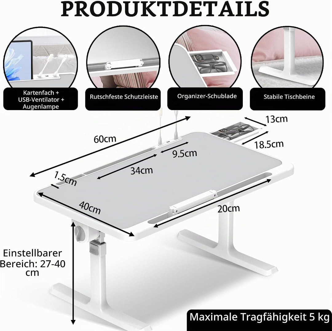 Soontrans Laptoptisch 60 x 40 cm, Laptop Tisch mit Schublade, Höhenverstellbar, Winkelverstellbar, K
