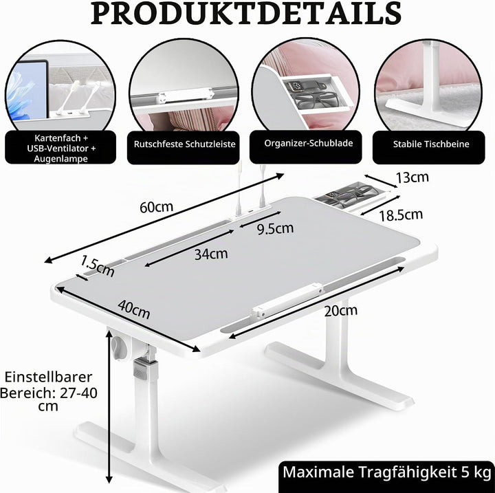 Soontrans Laptoptisch 60 x 40 cm, Laptop Tisch mit Schublade, Höhenverstellbar, Winkelverstellbar, K