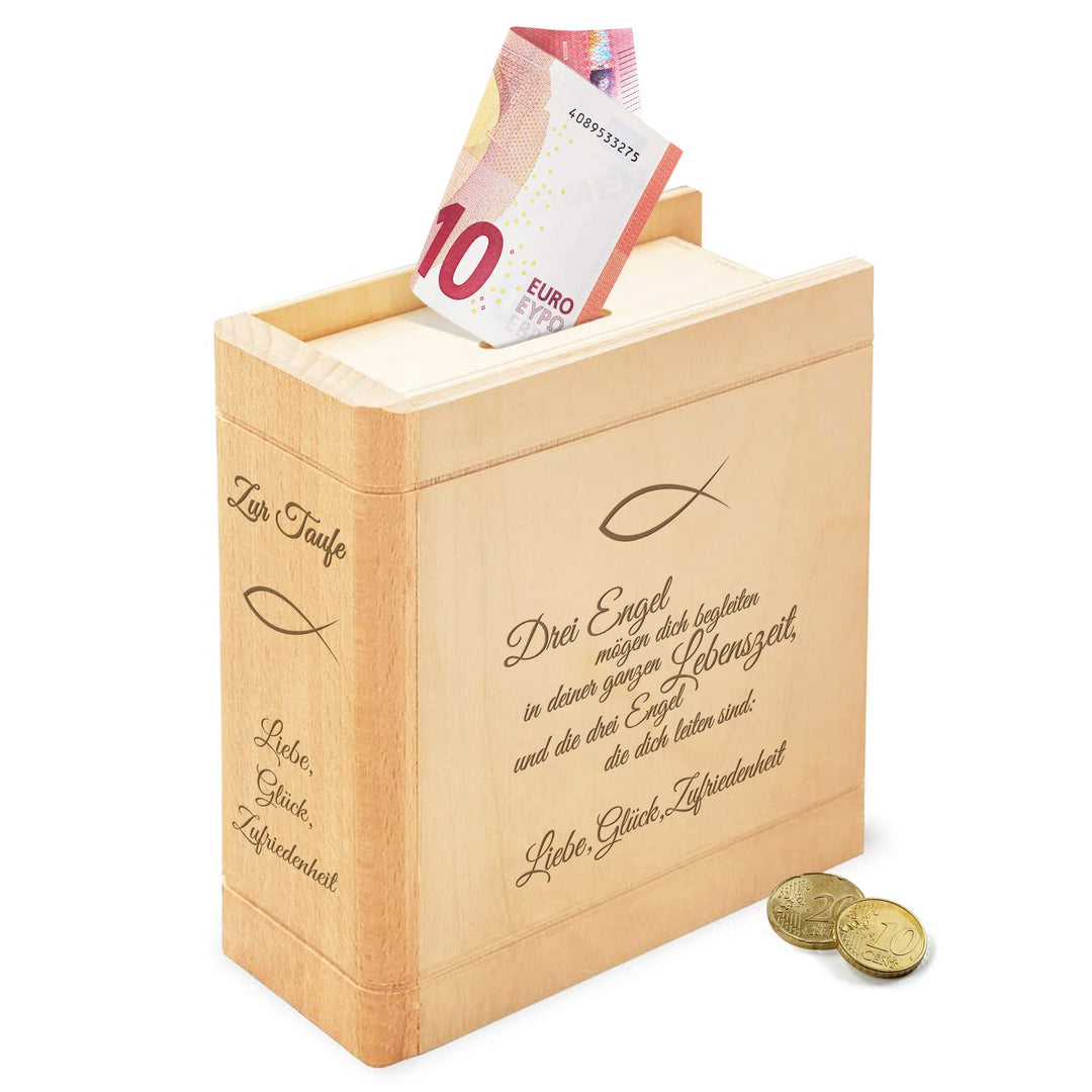 Casa Vivente Spardose aus Holz mit Gravur zur Taufe, Motiv Fische, Sparbüchse als Taufgeschenk für M