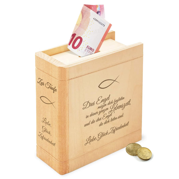 Casa Vivente Spardose aus Holz mit Gravur zur Taufe, Motiv Fische, Sparbüchse als Taufgeschenk für M