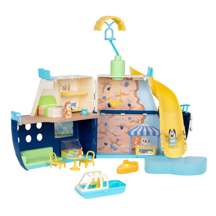 BlueY-Spielset Kreuzfahrtschiff, mit 5 Spielbereichen, Wasserrutsche, Kletterwand, Schnellboot und P