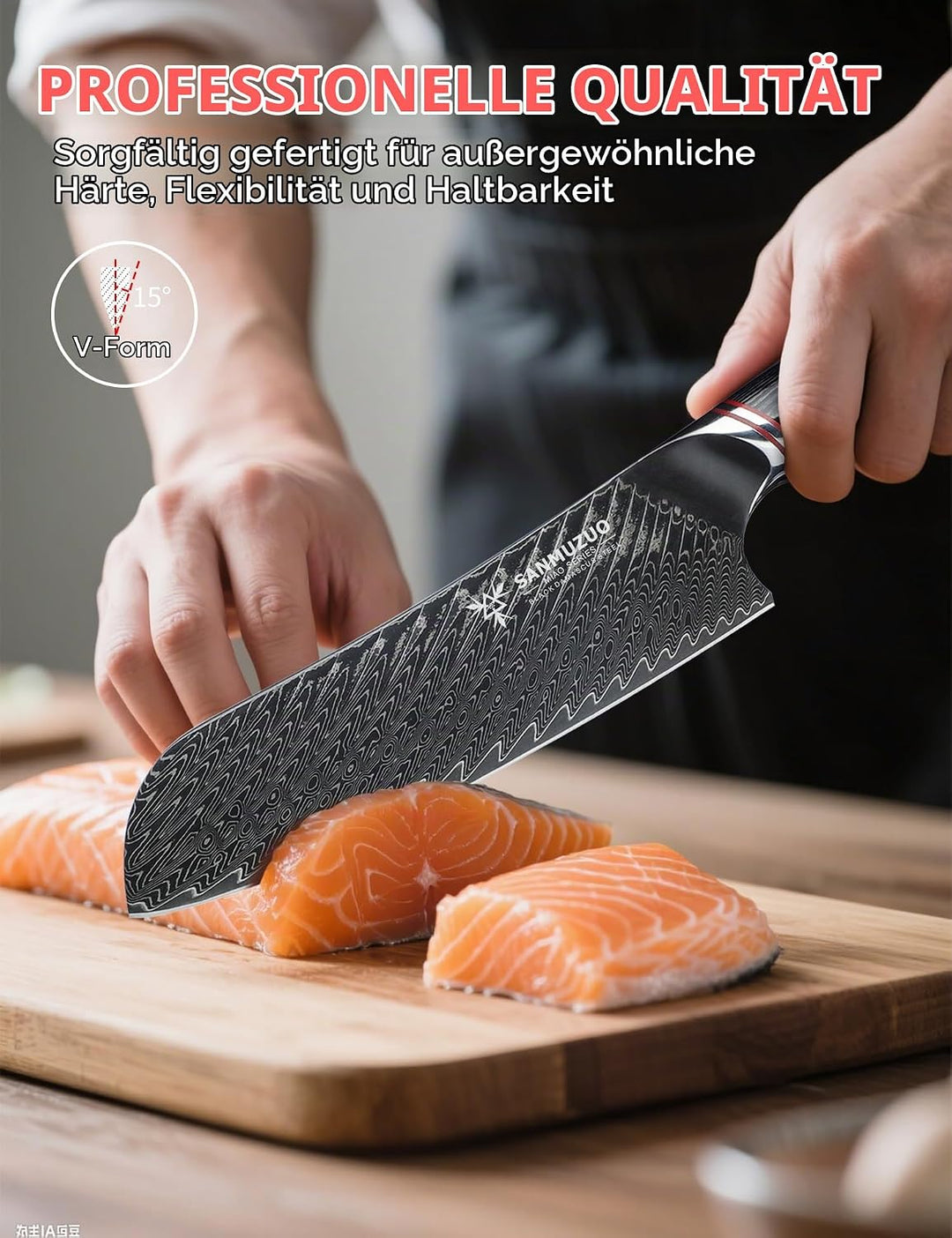 Japanisches 18 cm Santokumesser – Kochmesser – Schwarzer Damaststahl mit ergonomischem Griff – Miao