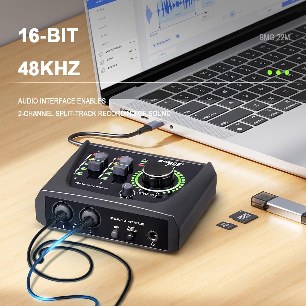 BOMGE Mini-2-Kanal-USB-Audio-Schnittstelle für Aufnahmen, Streaming und Podcasting, mit XLR/48 V Pha