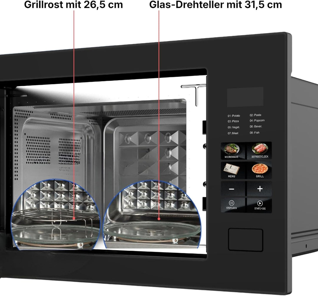 Einbaumikrowelle 60 cm | Einbau Mikrowelle 25 Liter | Full Touch | 1200W Grill | Glasrahmen | Edelst