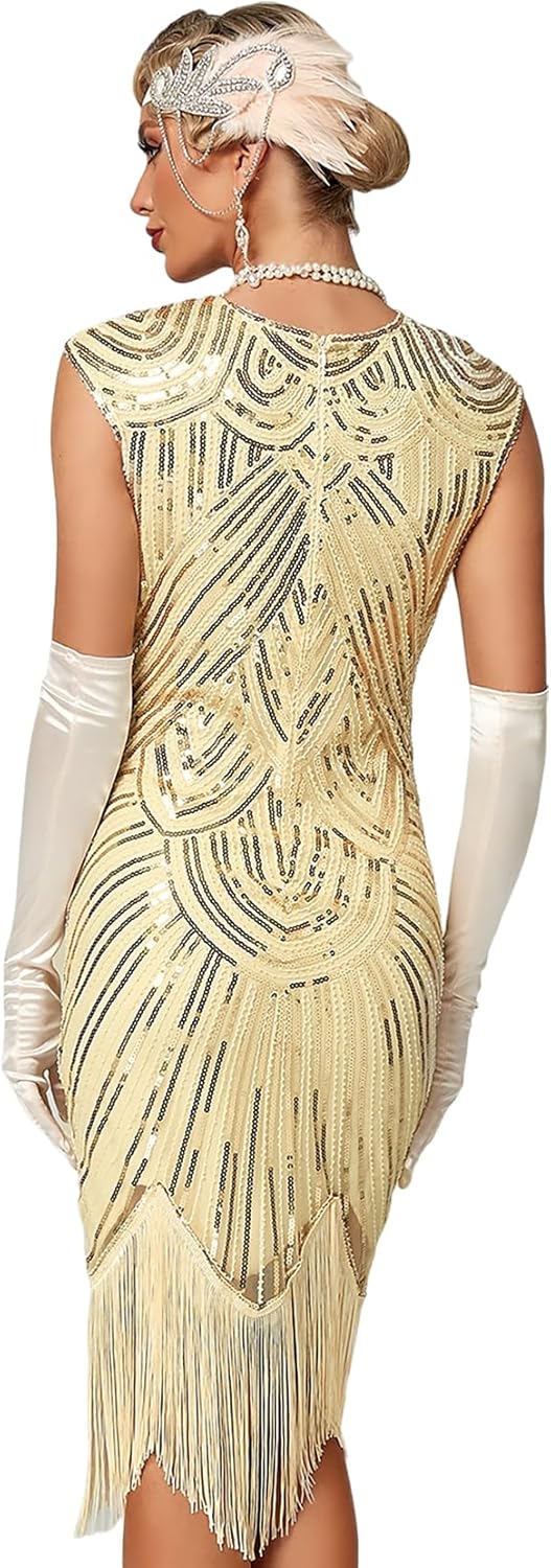 Damen Kleid voller Pailletten 20er Stil Runder Ausschnitt Inspiriert von Great Gatsby Kostüm Kleid,