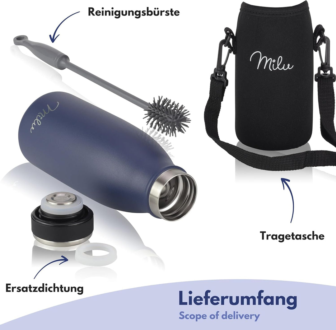 Milu Edelstahl Trinkflasche 350ml, 500ml, 750ml, 1L, 1,5L – Thermosflasche für Kinder Erwachsene aus