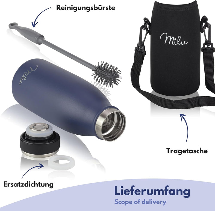 Milu Edelstahl Trinkflasche 350ml, 500ml, 750ml, 1L, 1,5L – Thermosflasche für Kinder Erwachsene aus