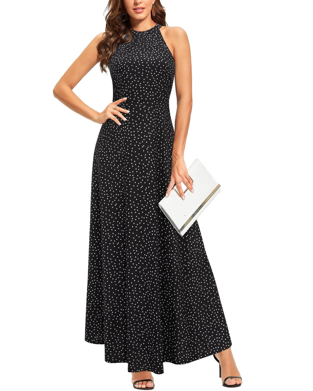 STYLEWORD Damen Neckholder Elegant Sommerkleid Ärmellos Blumenkleid Maxikleid Lange Strandkleid S Fl