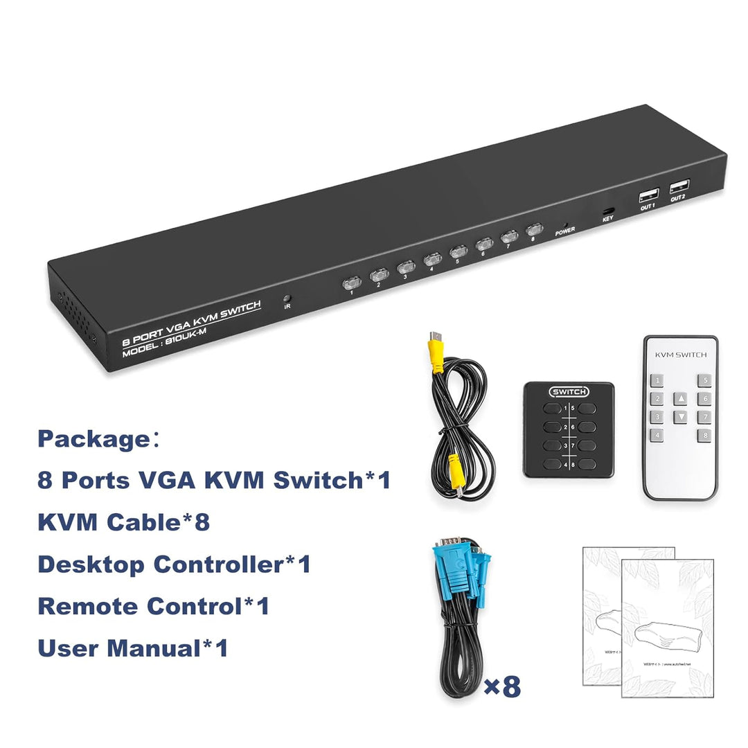 TCNEWCL 8 Port VGA KVM Switch, USB VGA KVM Switcher für 8 PC 1 Monitor, mit kabelgebundene Fernbedie