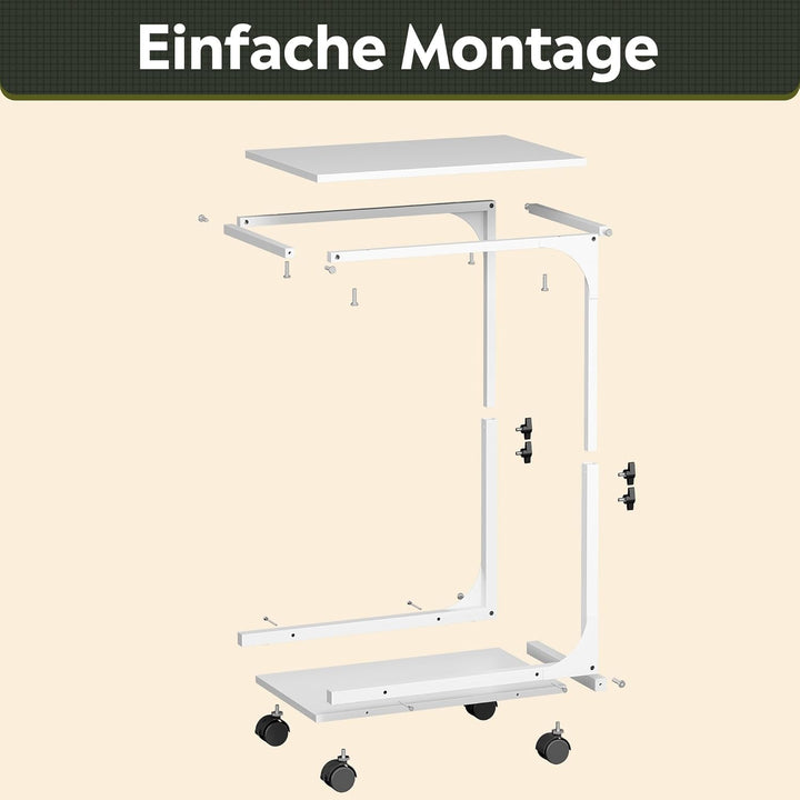 WLIVE Beistelltisch Couch Weiss, C Form Sofatisch mit Rollen, Kleiner Couchtisch mit 2 Etagen Ablage