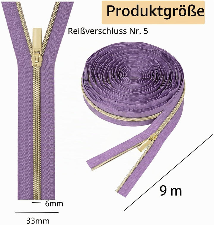 GUBOCA 9 M Reissverschluss,Näh Endlosreissverschluss mit Zipper,mit 30 Stück Reissverschlüsse Zubehö