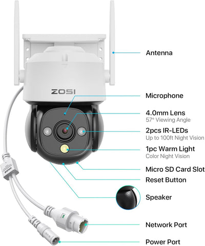 ZOSI 1080p WLAN Überwachungskamera Aussen mit Plug-in Strom, 360° Pan Tilt 2MP WLAN Domekamera, AI P