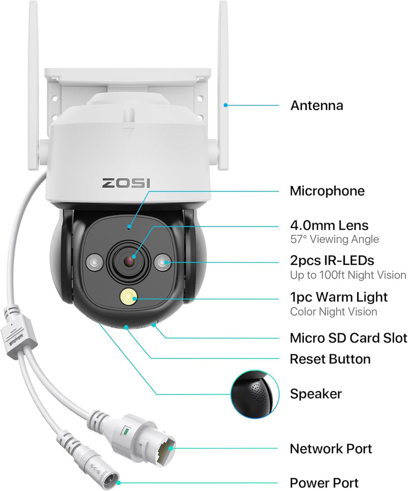 ZOSI 1080p WLAN Überwachungskamera Aussen mit Plug-in Strom, 360° Pan Tilt 2MP WLAN Domekamera, AI P