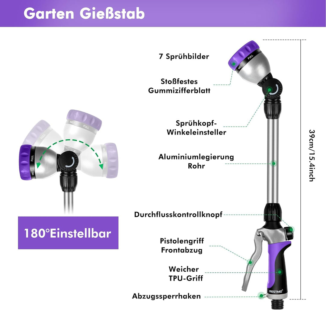 RESTMO Garten Giessstab Metall, 42cm Lang Gartenbrause mit Stiel, 180° schwenkbaren Kopf Stabbrause