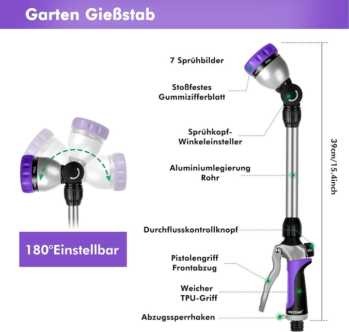 RESTMO Garten Giessstab Metall, 42cm Lang Gartenbrause mit Stiel, 180° schwenkbaren Kopf Stabbrause