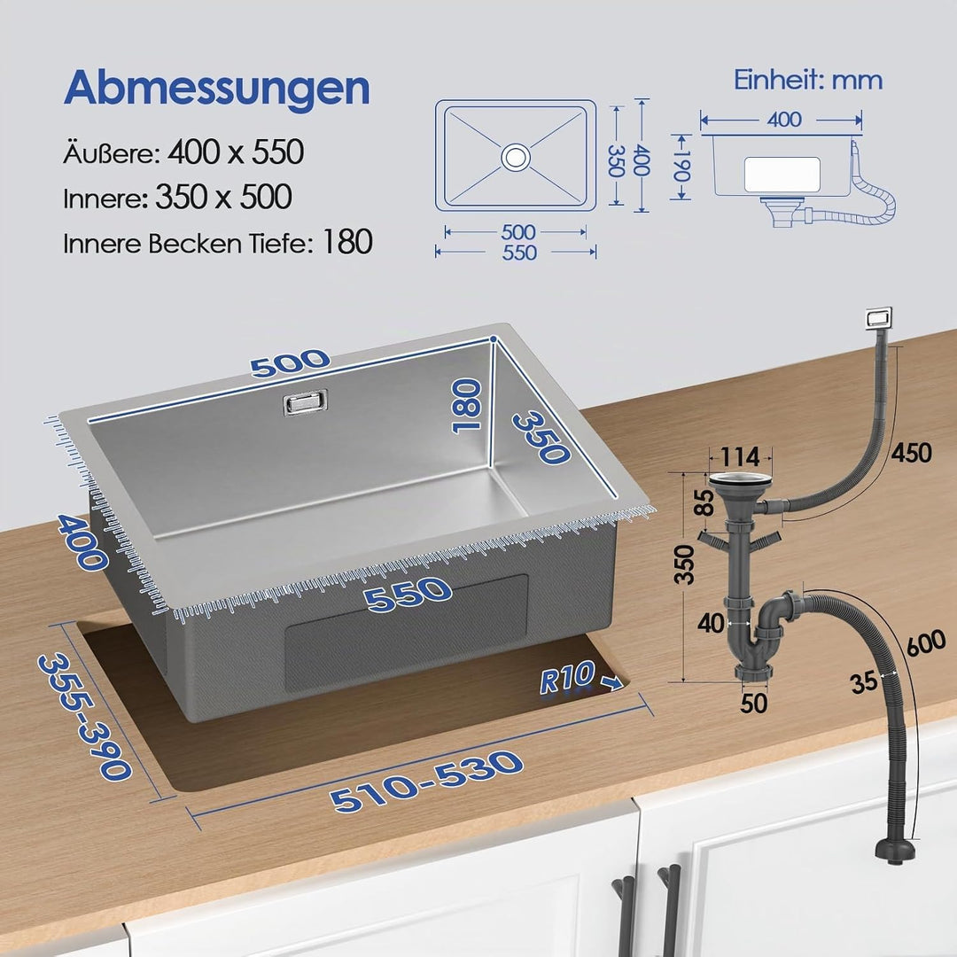 ROVOGO 40 x 55 cm Unterbau Spülbecken Küche, Unterbauspüle aus Edelstahl 304, Küche Spüle mit Siebko