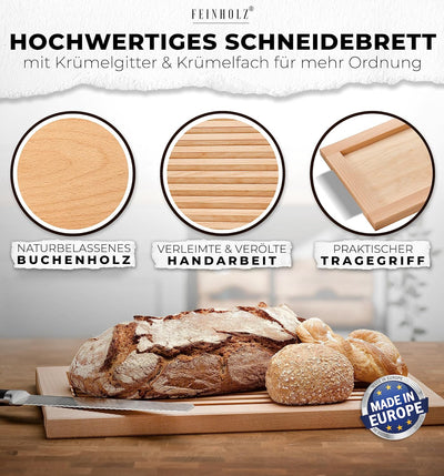 FEINHOLZ Brotschneidebrett mit Krümelrost aus Holz • 40cm x 25cm • Buchenholz geölt • Schneidebrett