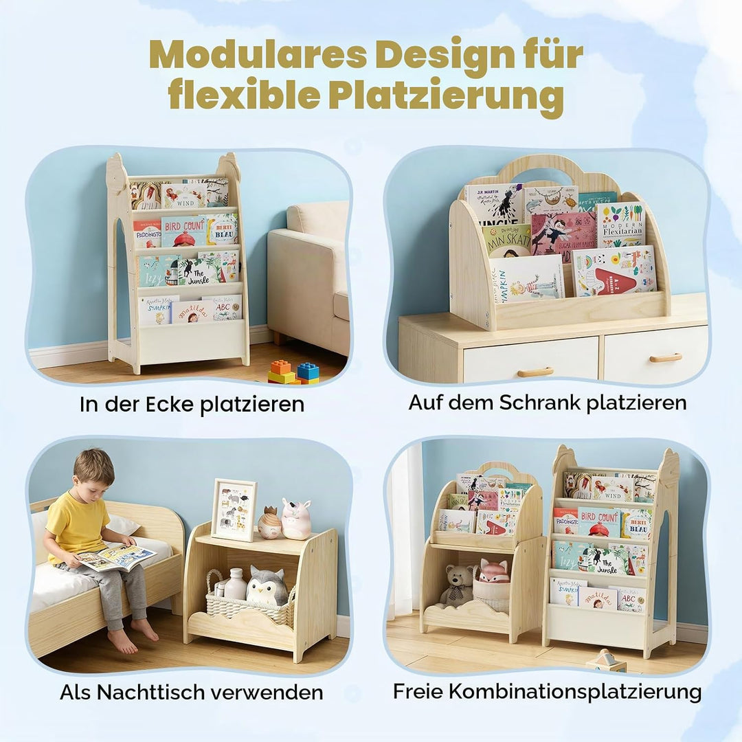 3-in-1 Kinderregal, Holz Kinder Bücherregal mit Spielzeugregal &amp; Hängetasche &amp; Offenem Fach, Tragbar
