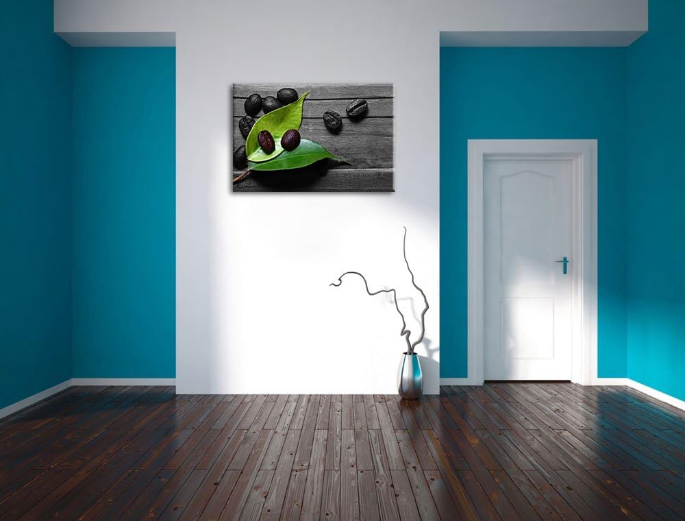 kleine Kaffeebohnen auf Blättern schwarz/weiss Format: 100x70 auf Leinwand, XXL riesige Bilder ferti