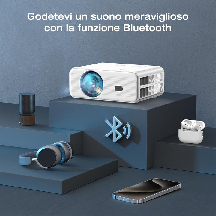 Mini Beamer mit WiFi und Bluetooth, AMEELA 1080P Beamer für Video, ±40° Trapezkorrektur, 50%-100% Zo