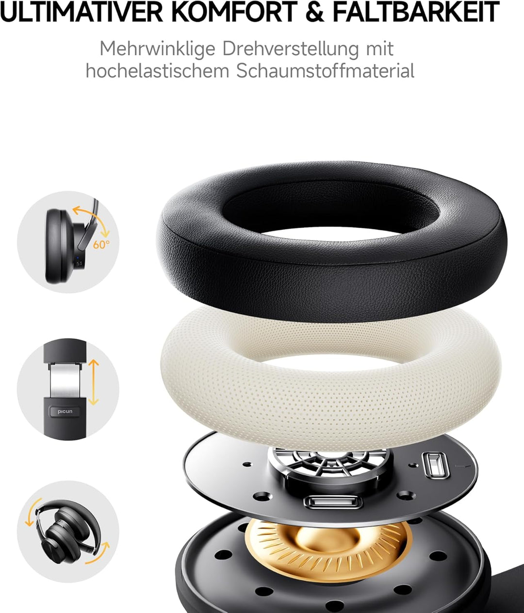 Picun B8 Bluetooth-Kopfhörer, 120 Stunden Wiedergabezeit, kabellose Bluetooth-Kopfhörer mit 3 EQ-Mod