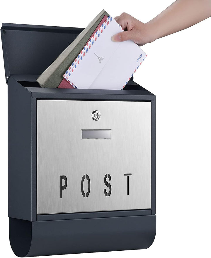Wiltec Designer Briefkasten V38 Anthrazit und Edelstahl 305 x 105 x 385 mm, Wandbriefkasten mit Schl