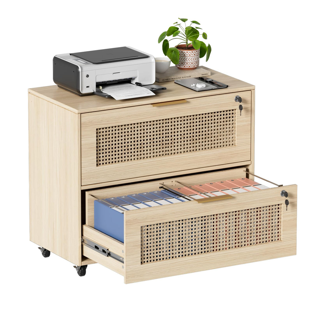Rollcontainer Rattan, Büroschrank Abschliessbar, Mobiler Aktenschrank mit 4 Rollen, Ordnerschrank mi