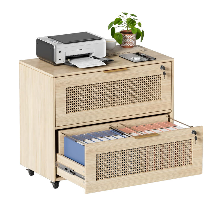 Rollcontainer Rattan, Büroschrank Abschliessbar, Mobiler Aktenschrank mit 4 Rollen, Ordnerschrank mi