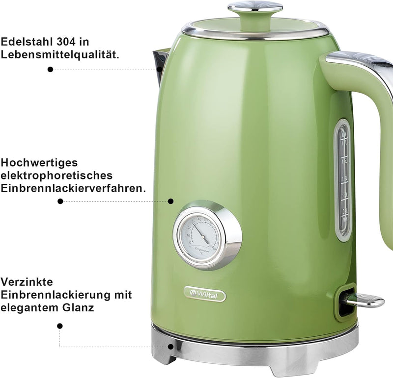 Wiltal Wasserkocher [1,7L, 2200W], Retro Green, Edelstahl, Toaster Wasserkocher set Retro (Wassertem