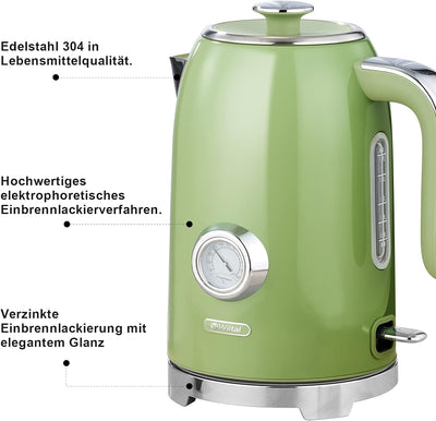 Wiltal Wasserkocher [1,7L, 2200W], Retro Creme, Edelstahl, Toaster Wasserkocher set Retro (Wassertem