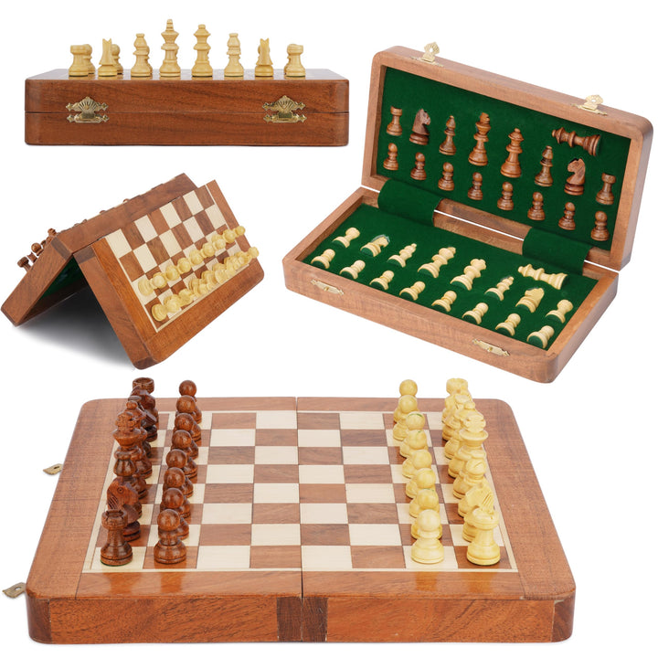Ajuny Rosewood Folding Magnetic Chess Board Game mit eingebauter Lagerung für Erwachsene, Kinder 12x