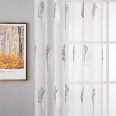 MIULEE Vorhänge mit Grau und Weiss Blätter Muster, Schöne Stickerei Vorhang Transparent, Dekoration