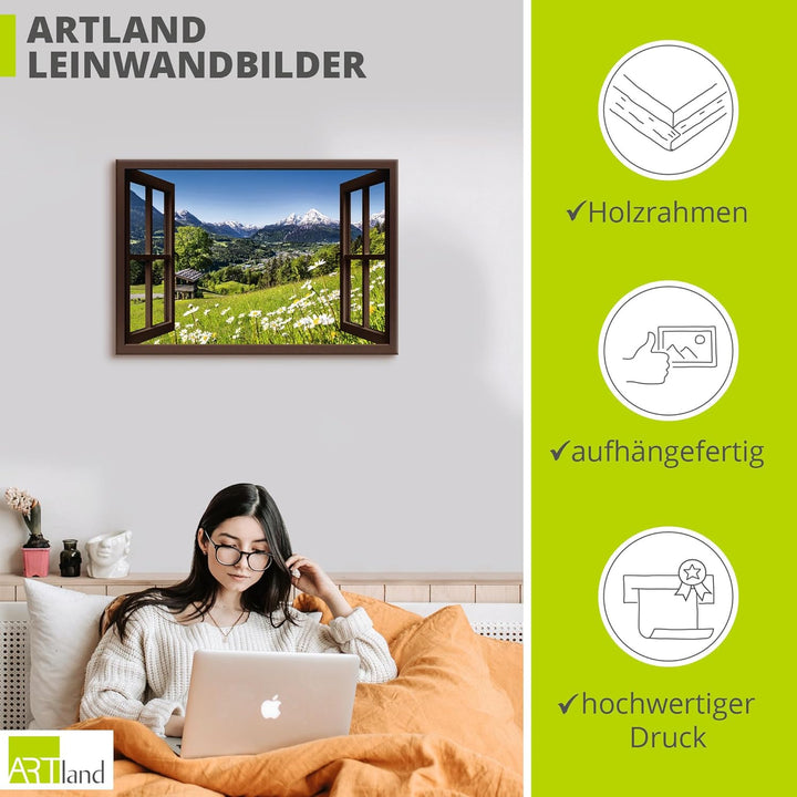 Artland Leinwandbild Wandbild Bild auf Leinwand 70x50 cm Wanddeko Fensterblick Fenster Alpen Landsch