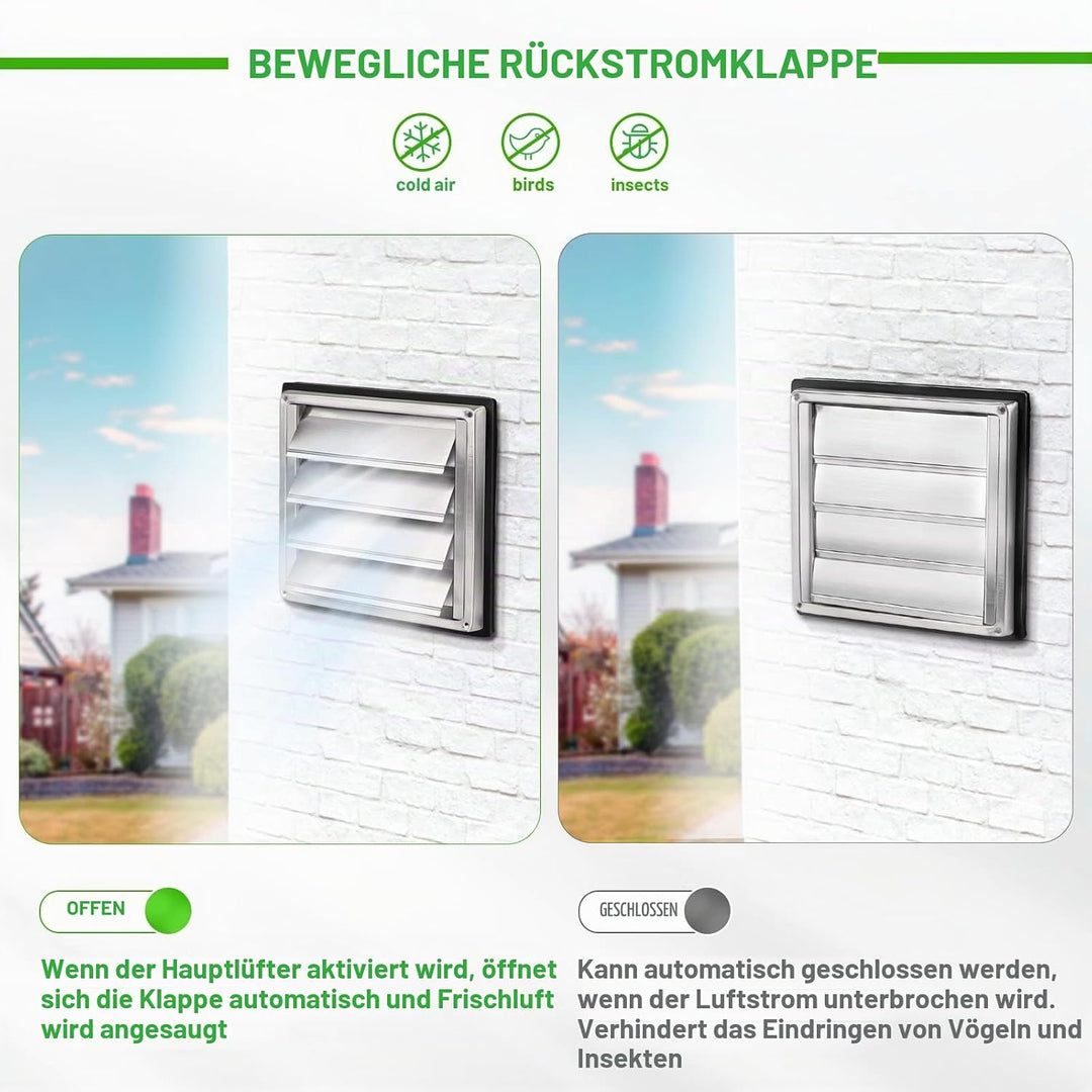 LALAGO Lüftungsgitter 100mm, Rückstauklappe Wetterschutzgitter Edelstahl mit beweglichen Lamellen, L