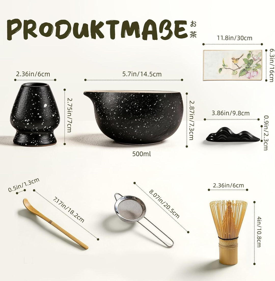 Matcha Set 7-teilig | Premium Tee-Zeremonie Set mit Matcha-Schale, Bambus-Chasen, Halter, Löffel, Si