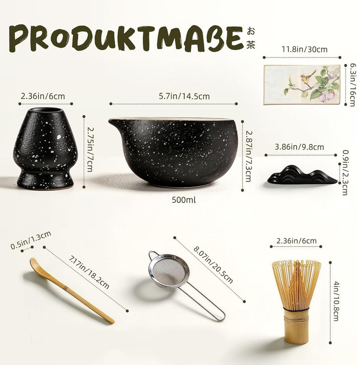 Matcha Set 7-teilig | Premium Tee-Zeremonie Set mit Matcha-Schale, Bambus-Chasen, Halter, Löffel, Si