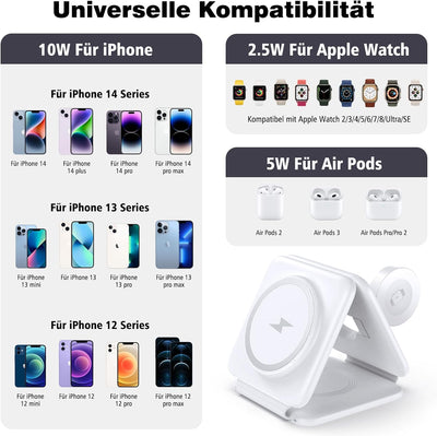 Mag-Safe Ladestation Für Apple Watch und iPhone: 3 in 1 Faltbar Wireless Charger Kompatibel mit iPho