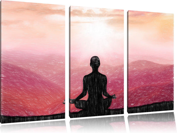 Pixxprint Meditierender Mensch in den Bergen Kunst Buntstift Effekt 3-Teiler Leinwandbild 120x80 Bil