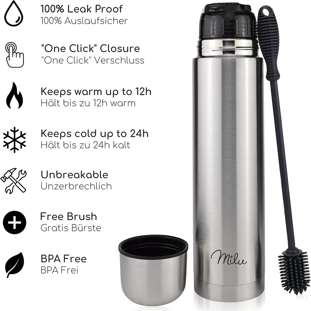 Milu Thermosflasche Thermoskanne Isolierflasche 1L - Isolierte Edelstahl Trinkflasche, 100% Auslaufs