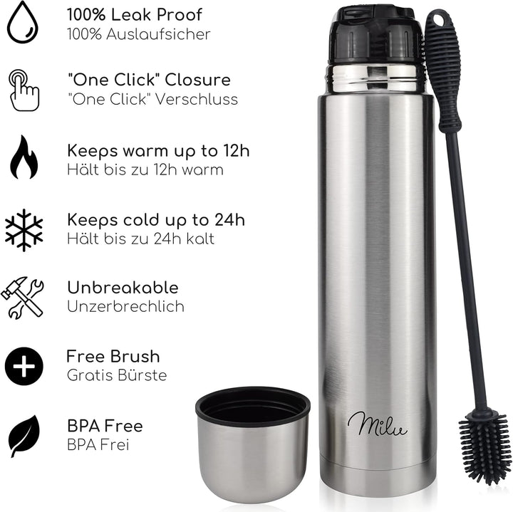 Milu Thermosflasche Thermoskanne Isolierflasche 1L - Isolierte Edelstahl Trinkflasche, 100% Auslaufs
