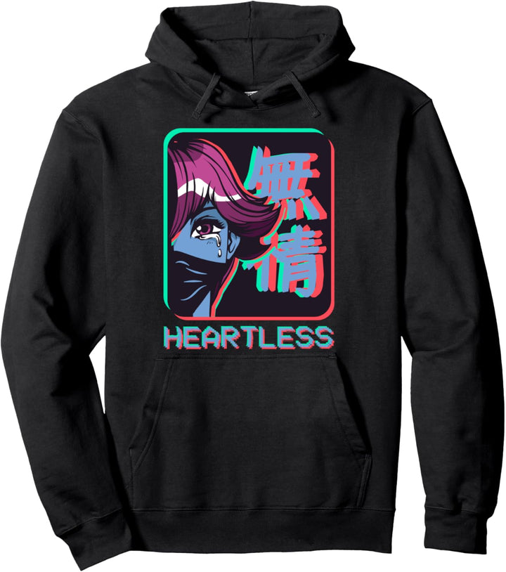 Sad Anime Girl Heartless - Japanese Text Vaporwave Aesthetic Pullover Hoodie