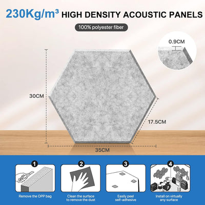 Hexagon Akustikplatten Selbstklebend, 35x30x0.9cm, 12 Stück, Hohe Dichte Schallabsorber für Decken-/