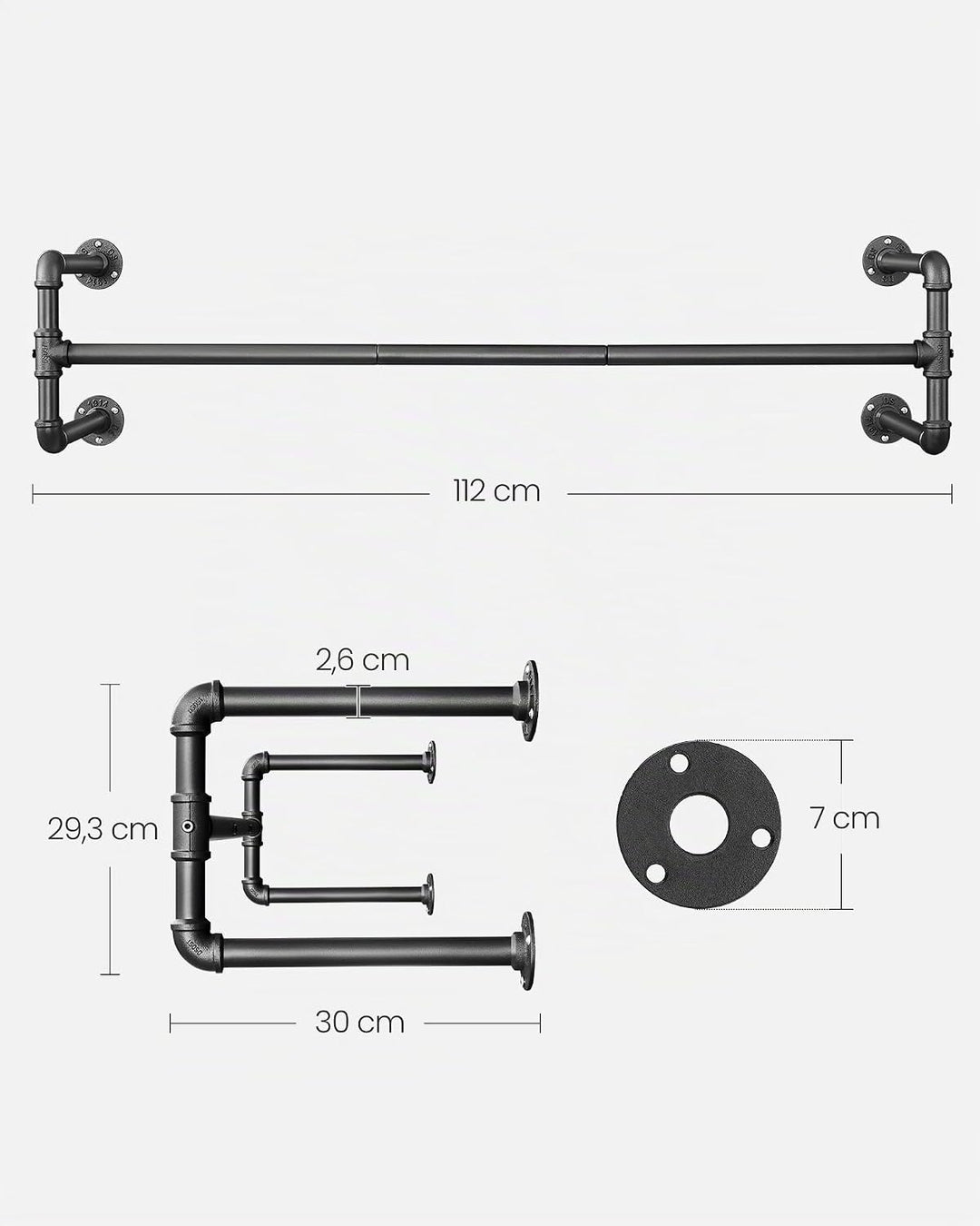 SONGMICS Wandgarderobe, Kleiderstange, Röhrenimitat, Industriestil, 112 x 30 x 29,3 cm, 60 kg Tragla
