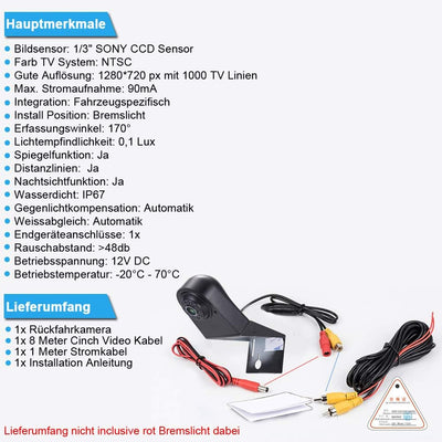 1280 x 720 Pixels 1000TV Lines Auto Top Mount Third 3. Brake Bremsleuchte Kamera Bremslicht Rückfahr