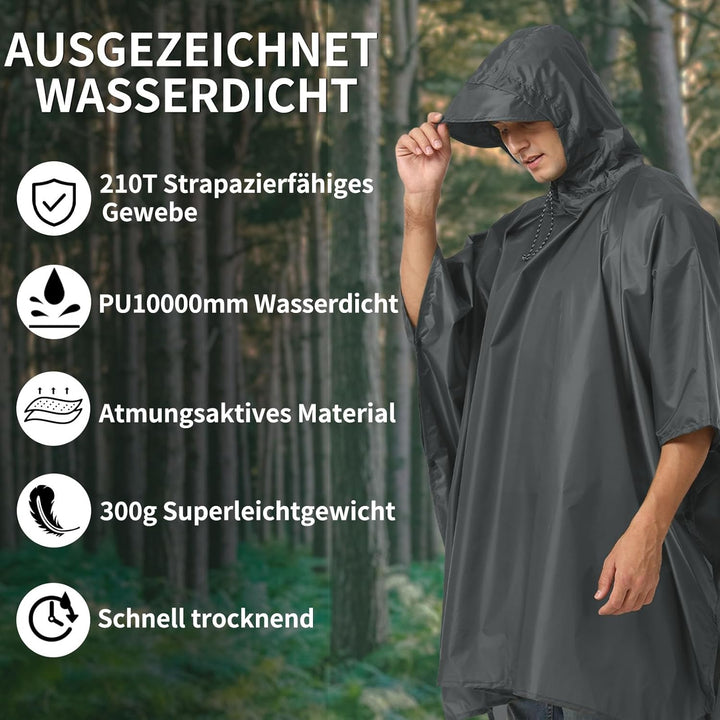 Opret Wasserdicht Regenponcho Damen Herren, Leicht Atmungsaktiv Regencape 3-in-1-Multifunktional Reg