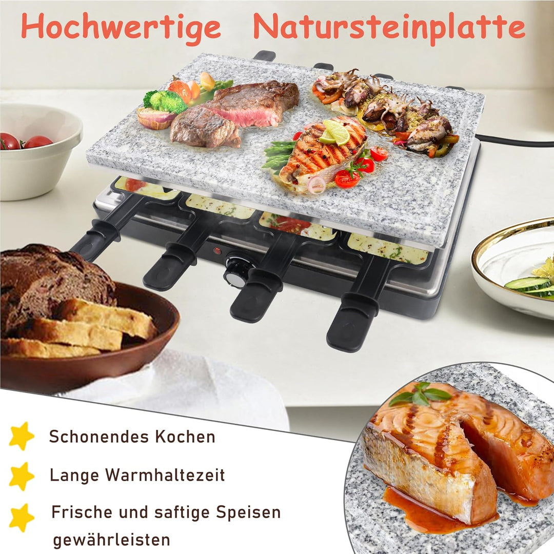 1500W Raclette Grill für 8 Personen mit Steinplatte und GrillplatteTischgrill- 8 Pfannen und Holzspa