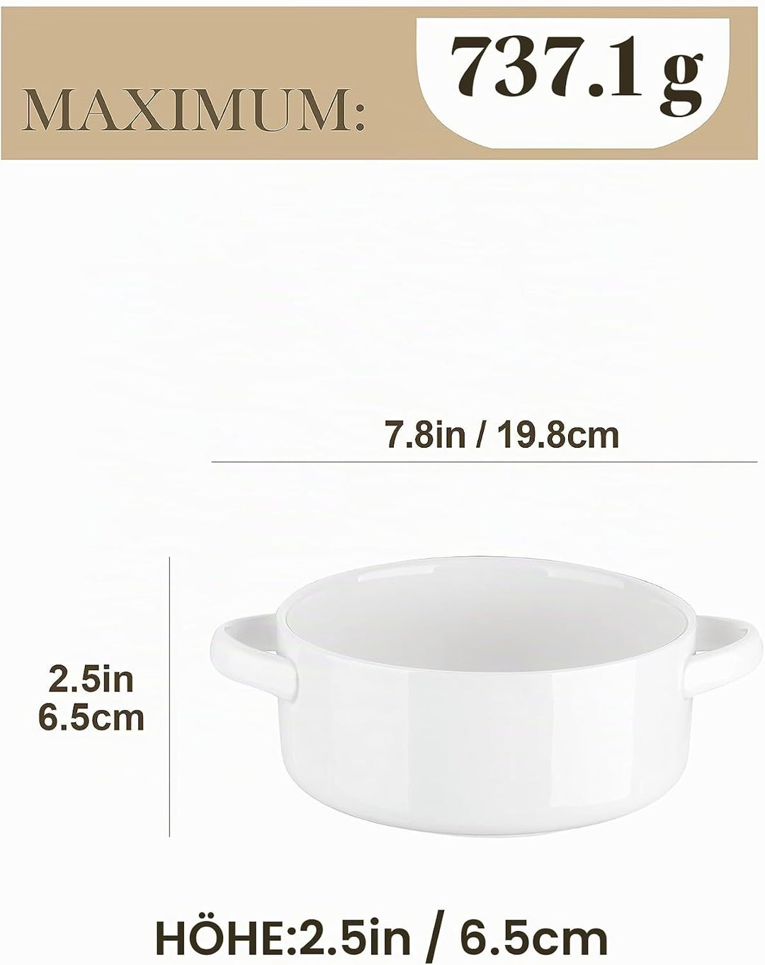 MALACASA Suppenschalen mit Griffen, 800 ML Porzellan Suppenschalen Set von 4, Elfenbein weiss servie