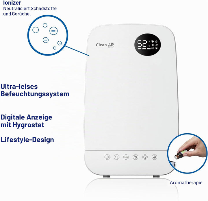 Luftbefeuchter mit Ionisator und Aromatherapie - Clean Air Optima CA-606W- Befeuchtungsleistung max.