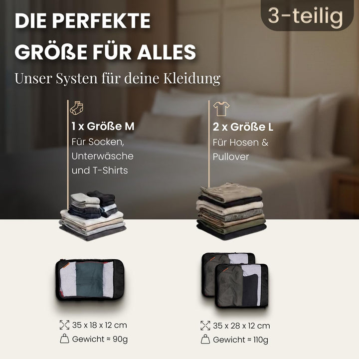 Kleidertaschen Set mit Kompression für Koffer und Rucksack [3-teilig] mit Packbeutel - mehr Platz im